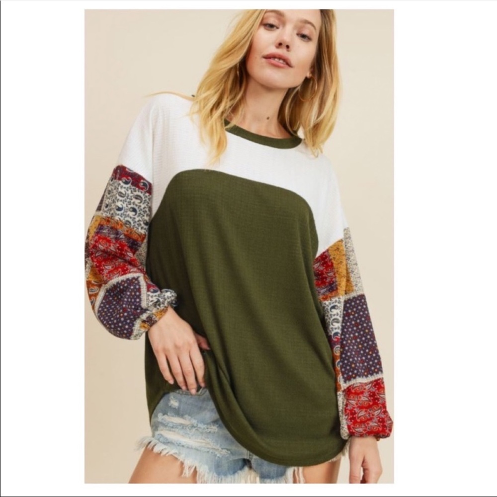 First Love Olive and Multicolor Patchwork Top